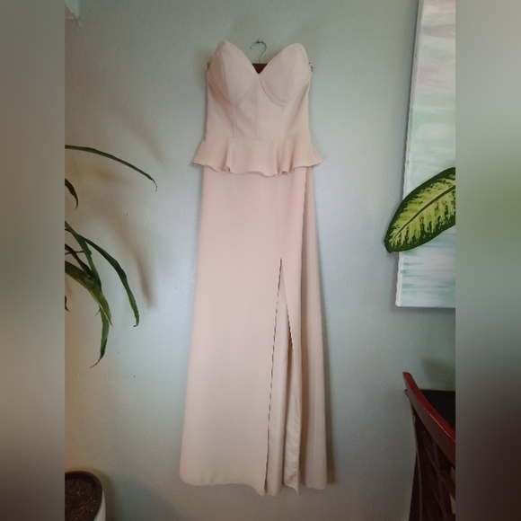 Revelry Sweetheart Strapless Corset Peplum Side Slit Formal Bridal Maxi Dress 4